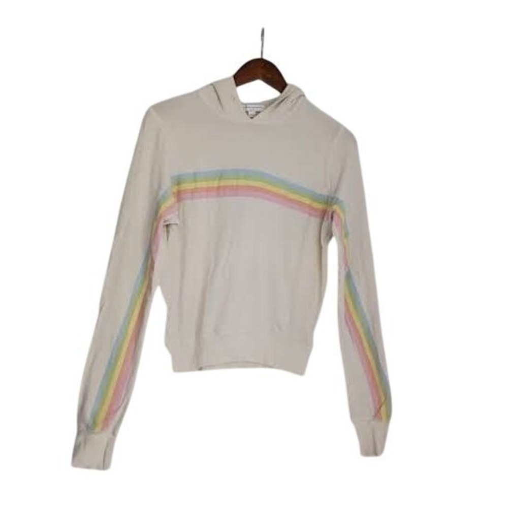 Spiritual Gangster Cream Rainbow Stripe Hoodie M Pastel Cotton Blend Made In USA